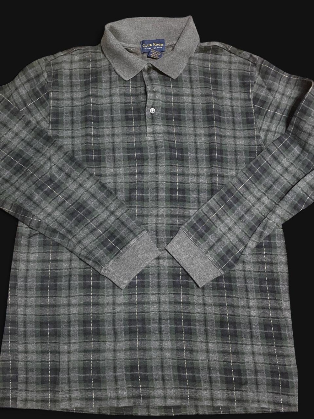 Club Room Men's Gray and Black Plaid Long-Sleeve Polo